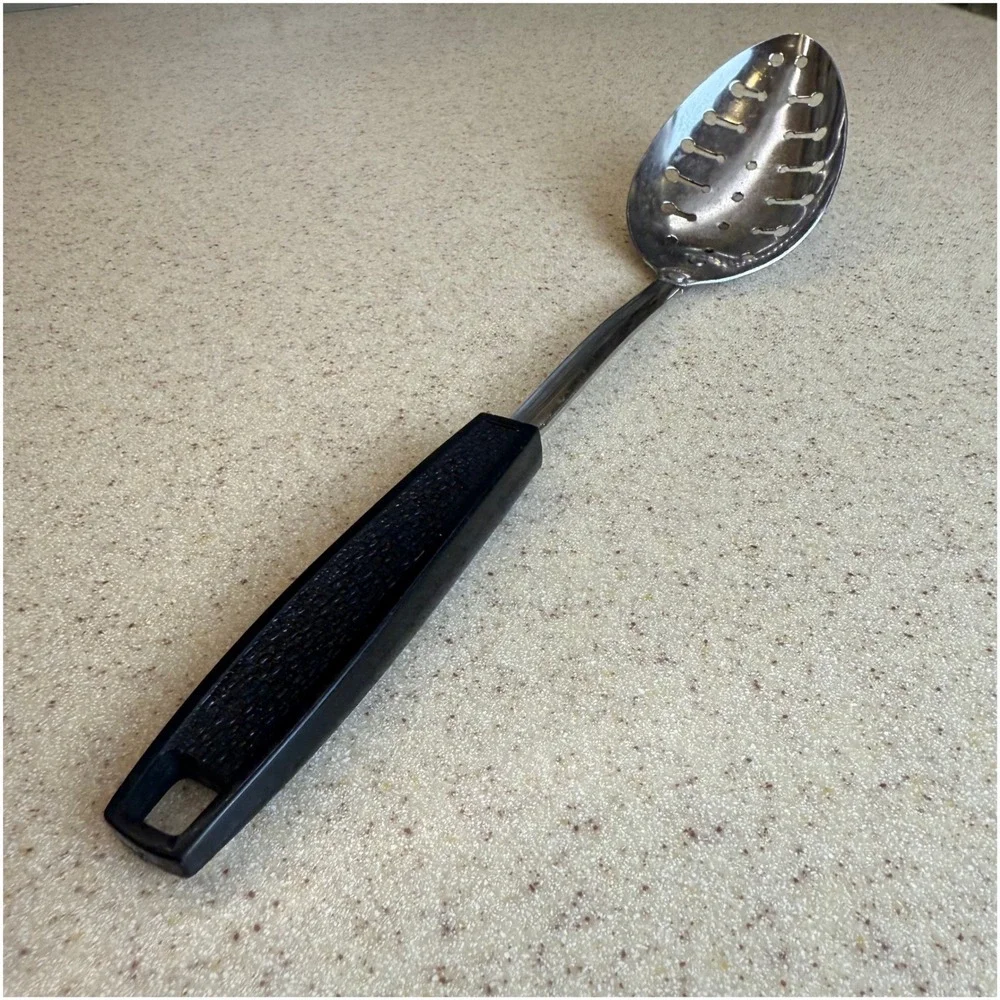 Vintage EKCO Slotted‎ Spoon Chromium Plated Black Handle USA Kitchen Utensil